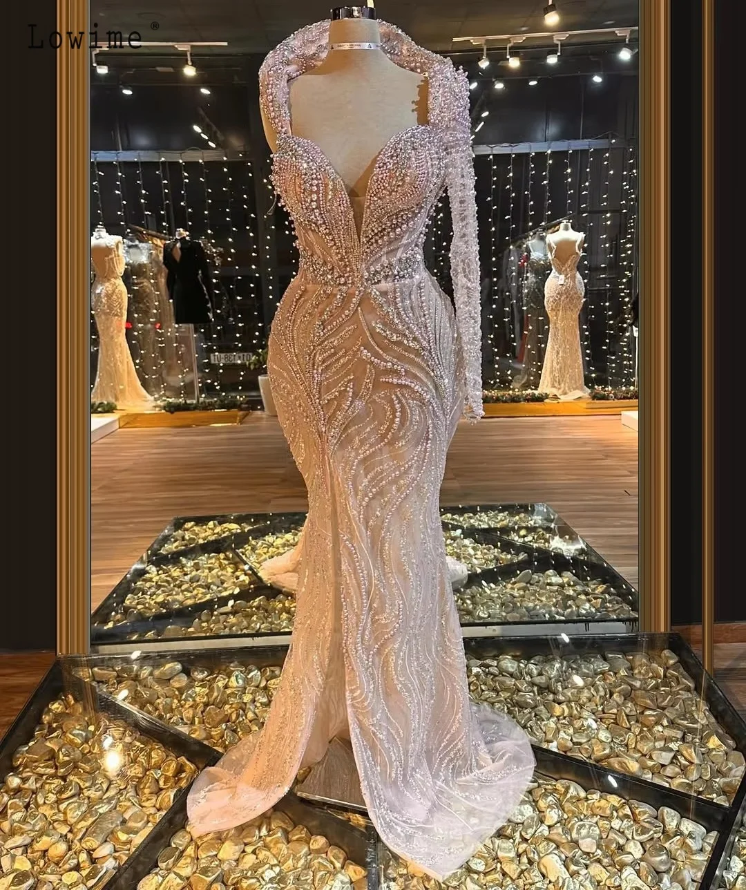 

Fashion Standing Collar Deep V Tulle Cocktail Dress Beaded Sweetheart Mermaid Dress Party Evening Gown Front Slit Long Dress
