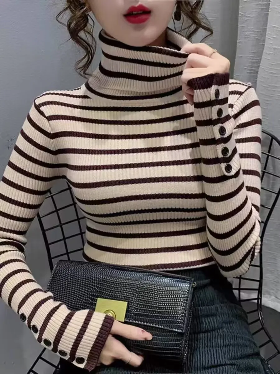 Elegant Printed Zebra Pattern Blouse Female Sweater Autumn Winter Striped Woman Long Sleeve Slim Sweet Turtleneck Button