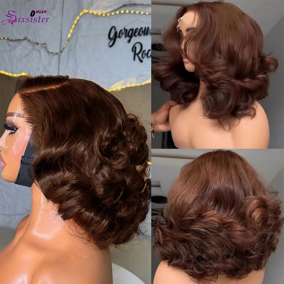 

Chocolate Brown Body Wave Short Bob Wig 13x4 Lace Frontal Bob Wig Human Hair Pre Plucked 250% Density Color 4 Loose Wave Bob Wig