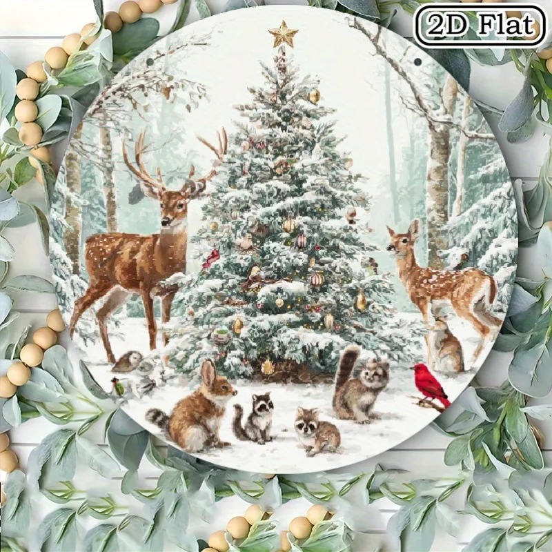 Vintage Winter Scene Metal Tin Sign - Deer, Foxes, Cardinals - Heavy-Duty Aluminum Christmas Wall Decor - 8x8 Inch Indoor/Outdoo