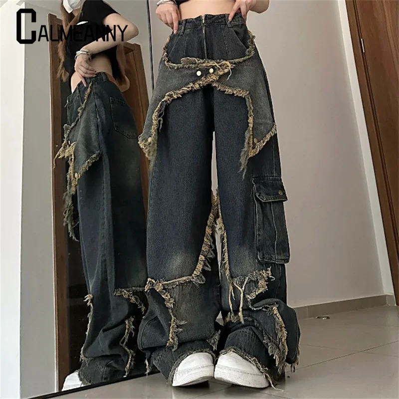 

Women Jeans 2025 Autumn Contrasting Colors High Waist American Street Wide Leg Pants Fashion Hip Hop Vintage Straight Trousers