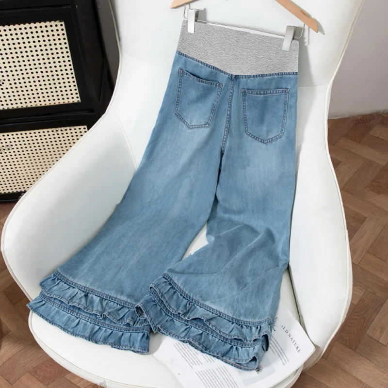 

Early Fall Maternity Jeans - Korean Slim-Fit Retro Blue Denim with Ruffle Trim Wide-Leg Cropped Pants Pregnant Women Pregnancy