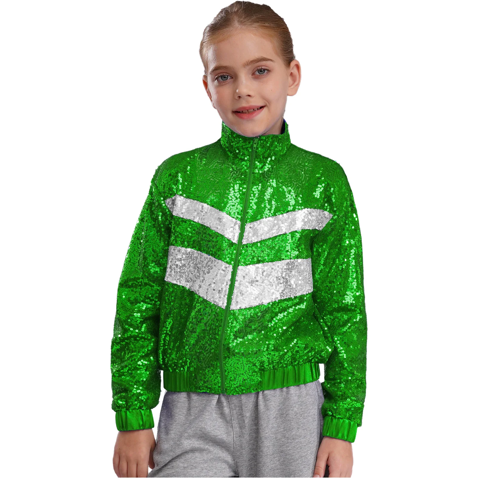 Fashion Girls Jacket Kids Jazz Dance Costume Glittery Sequins Baseball Jackets Street Disco Hip Hop Streetwear Coat Outerwear