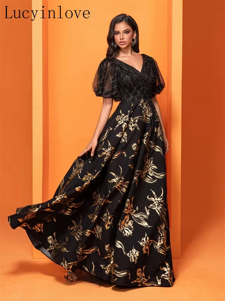 

Lucyinlove Luxury Puff Sleeve Black Formal Evening Dress Women Sexy V-Back Long Elegant Bridesmaid Party Cocktail Prom Dress