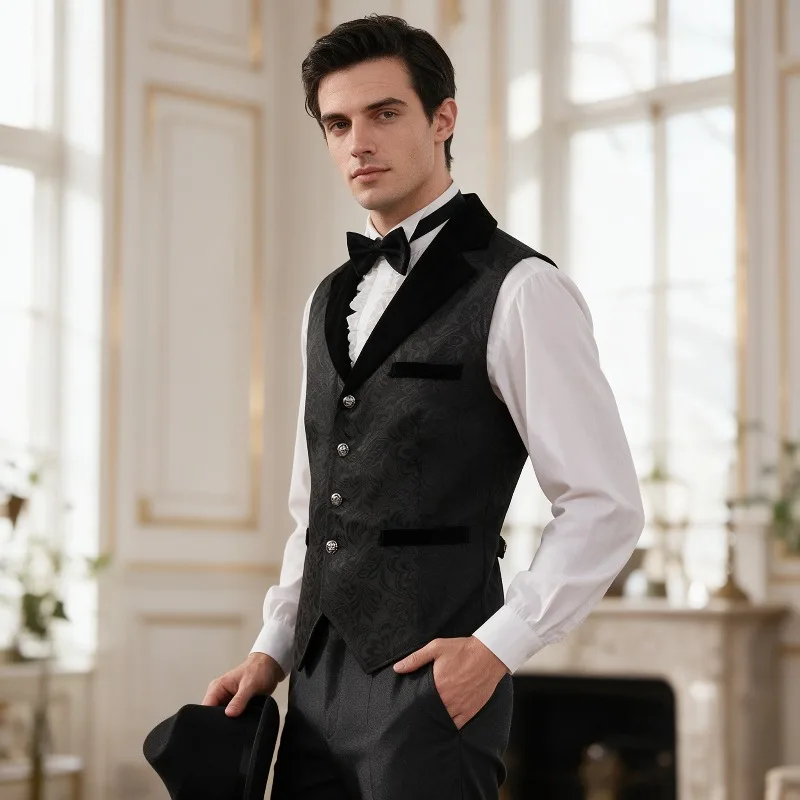 Men Gothic Victorian Waistcoat Black Paisley Jacquard Brocade Vest Velvet Collar Buttons Steampunk Wedding Party Haloween Suit