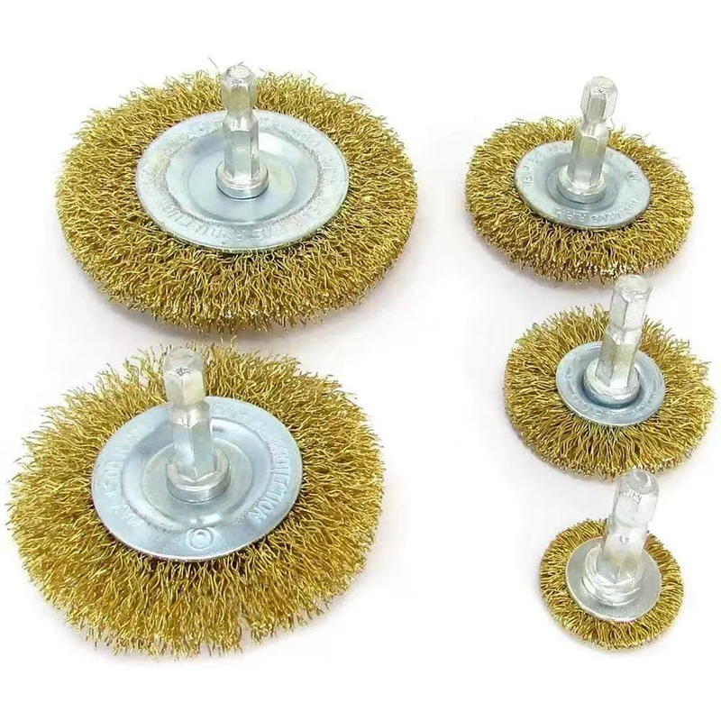 Brass Wire Brush Wheel Set,Wire Brush for Drill 1/4 Inch Hexagonal Shank 0.3mm Coarse Copper Plated Carbon Steel Crimped Wire