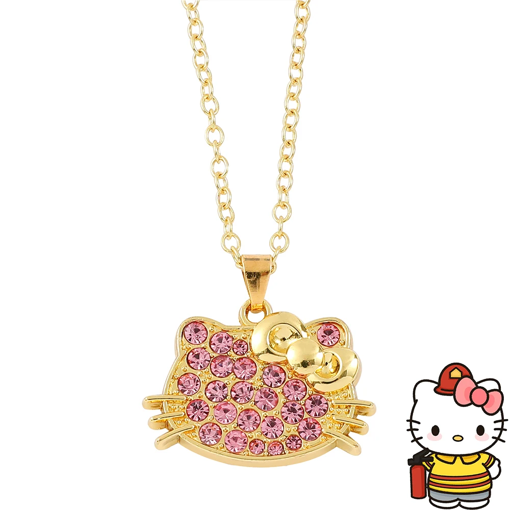 Anime Sanrio Hello Kitty Necklace Cute Cartoon Figure KT Cat Pink Rhinestones Metal Pendant Necklace Charm Jewelry Accessories