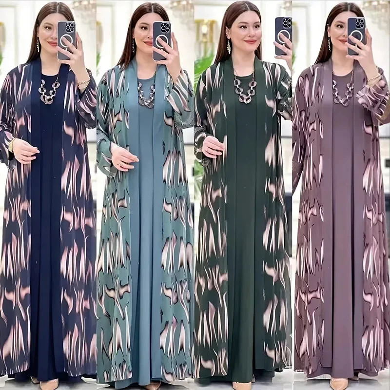 Printed Cardigan Robe 2 Piece Set Abayas Women Autumn Muslim Sets Elegant Party Long Dress Arab Abaya Dubai Turkey Islam Kaftan