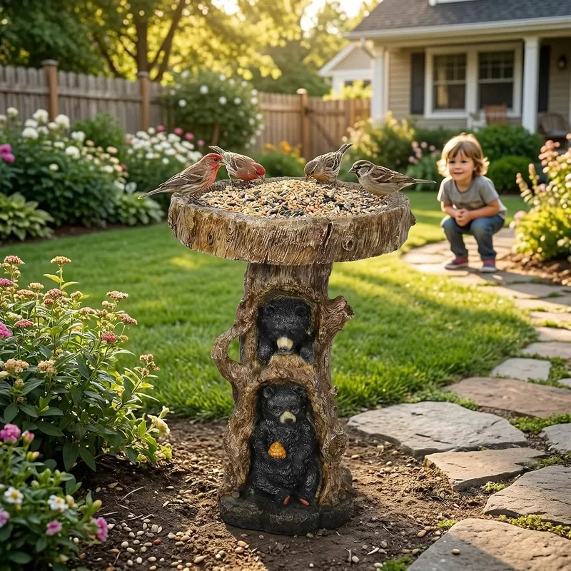 23.6 Tall Resin fiber Outdoor Bird Baths for Garden Outdoor Standing Birdbath Woodland Tree Trunk Decoration Yard Statue