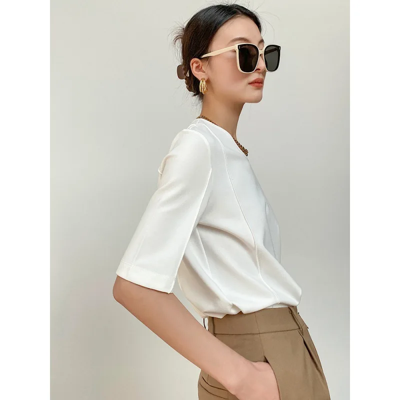 

White Round Neck Short Sleeve Stylish Comfortable Cotton T-shirt Women's Summer New Simple Commuter Top