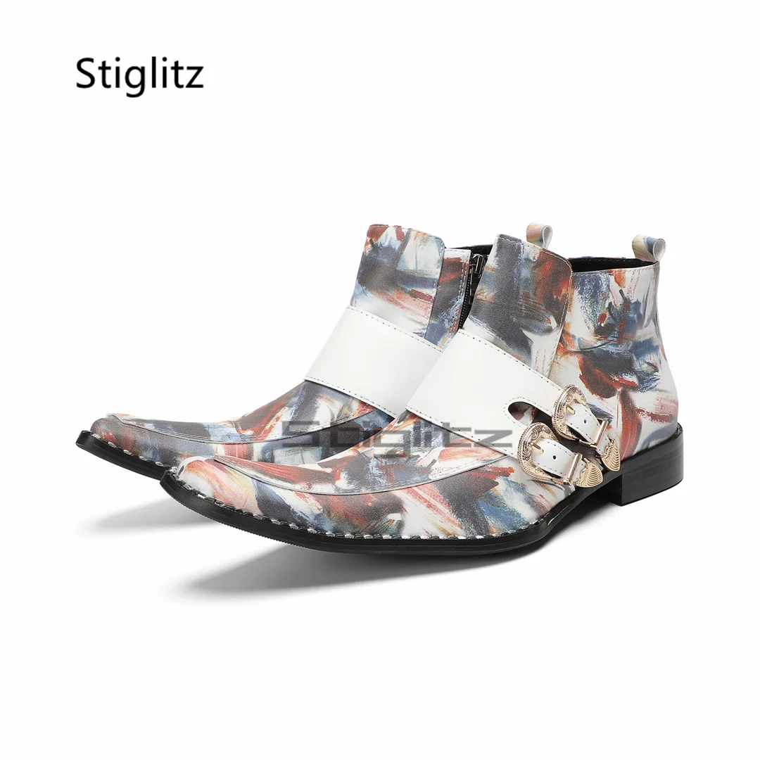 Belt Buckle Print Chelsea Boots for Men Genuine Leather Ankle Boots Fashion Handmade Side Zip Party Dress Oxford Shoes Male