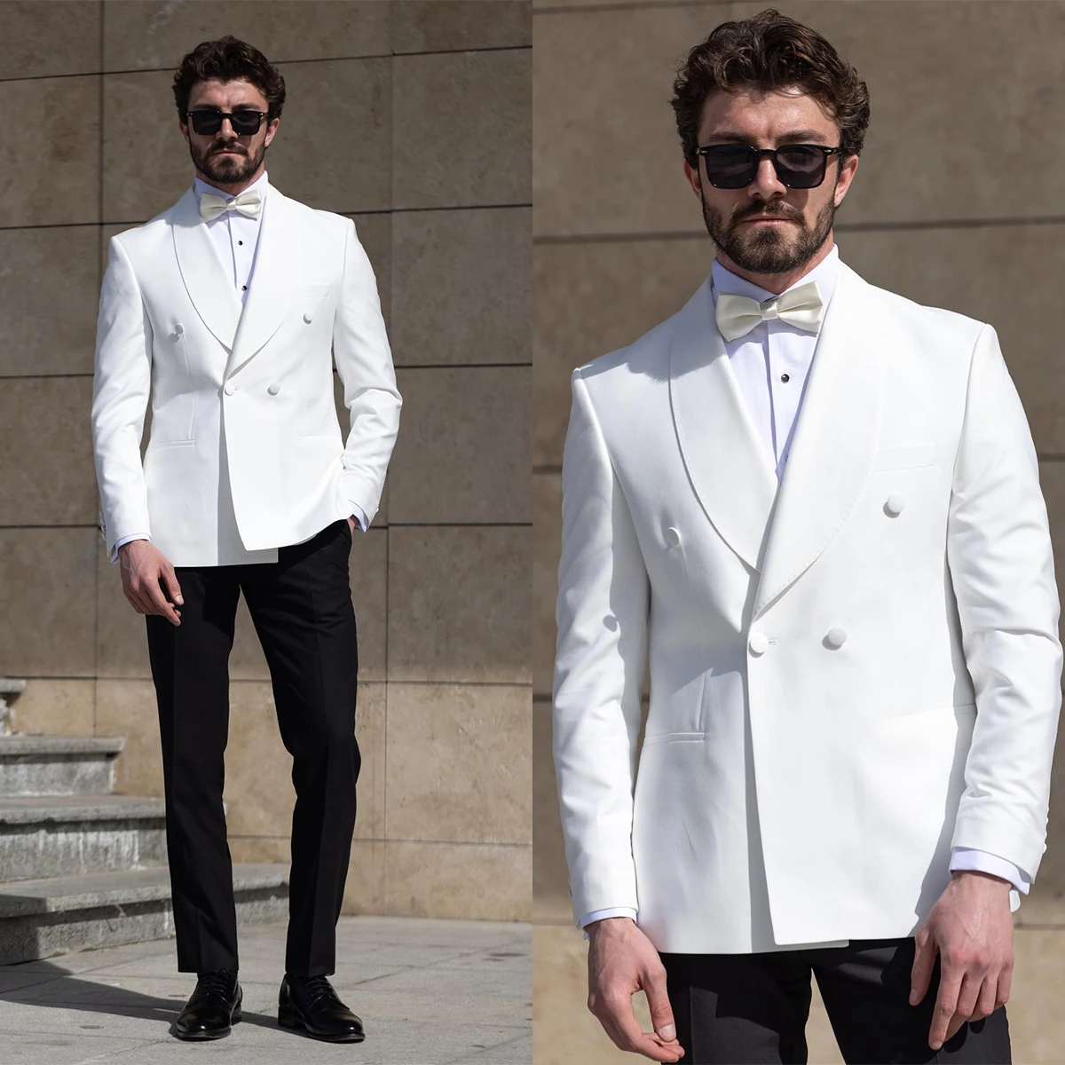 

New Men's Suit 2 Pieces White Blazer Black Pants One Button Peaked Lapel Formal Work Wedding Groom Formal Tailored Costume Homme