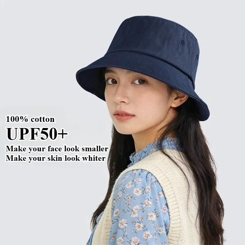 2026 Trendiger Koreanischer Bucket Hat für Damen aus Baumwolle mit UPF50+ UV-Schutz und breiter Krempe – Fischermütze, die das Gesicht schmaler wirken lässt – Lässige Sommerkappe