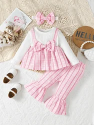 0-3-year-old Newborn Children's Spring and Autumn Round Neck Spliced Fake Two Piece Long Sleeves with Flare Legged Pants Fashion