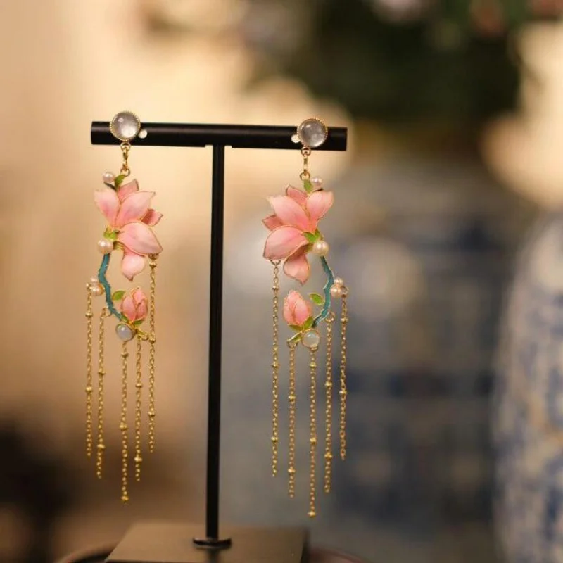 

Women's Ethnic Style All-Match Cheongsam Style and Classical Style Tian-Tsui Imitation Magnolia Silk Blue Ear Studs Earrings