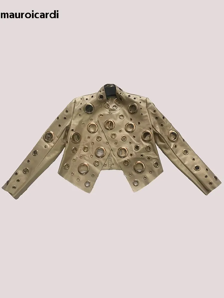 Mauroicardi Spring Short Hollow Out Patchwork Short Pu Leather Jacket Women Cool Luxury Designer European Style Clothes Fashion