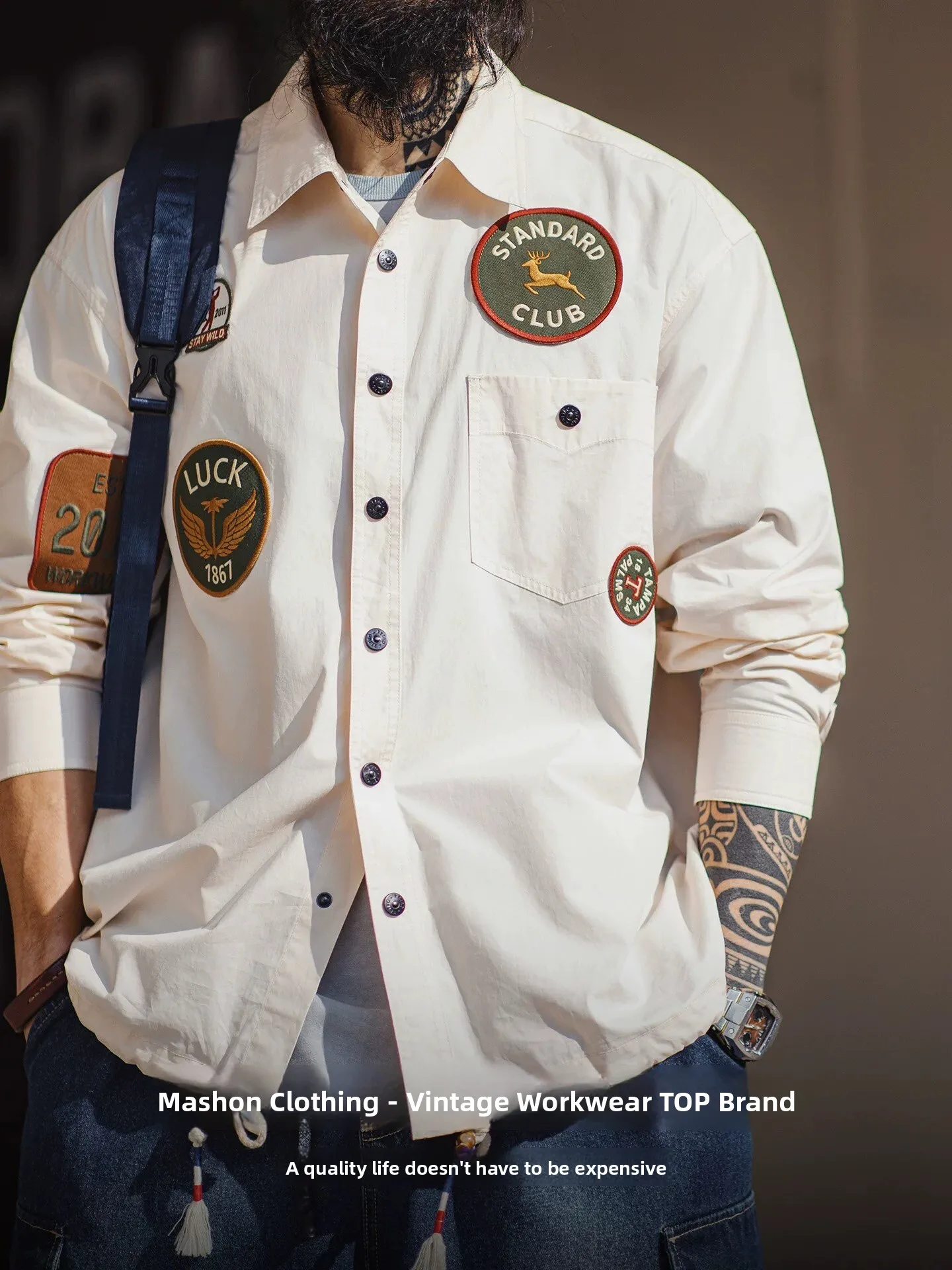 

Мужская тонкая хлопковая куртка Maden American Sle Long Sleeve с белыми вставками, дышащая, комфортная, не деформируется, для весны