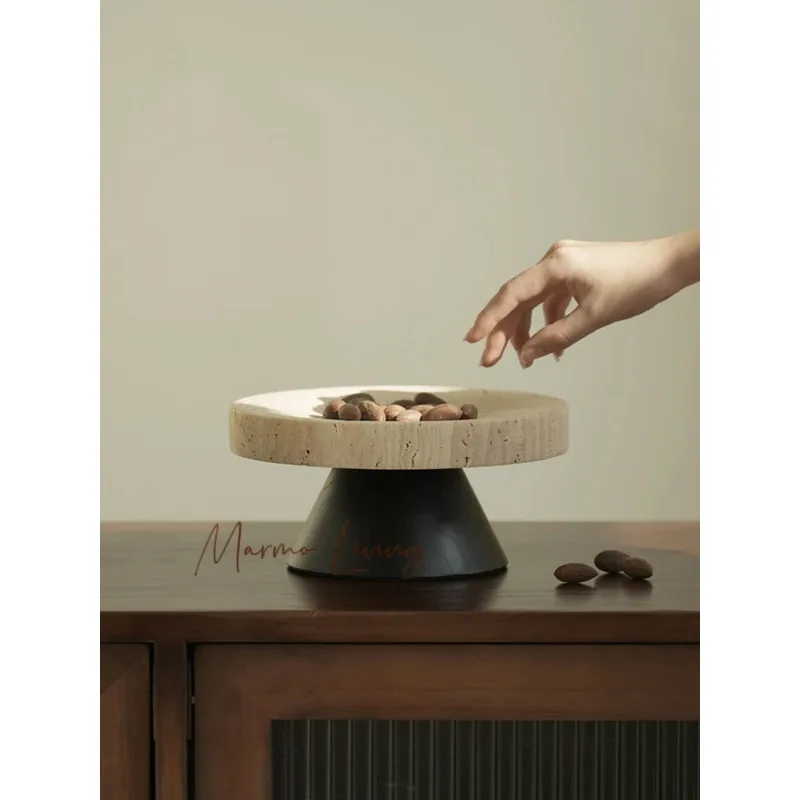 

Marble Salad Bread Fruit Tray with Stand Luxury Travertine Pedestal Bowl for Table Decor and Kitchen Counter