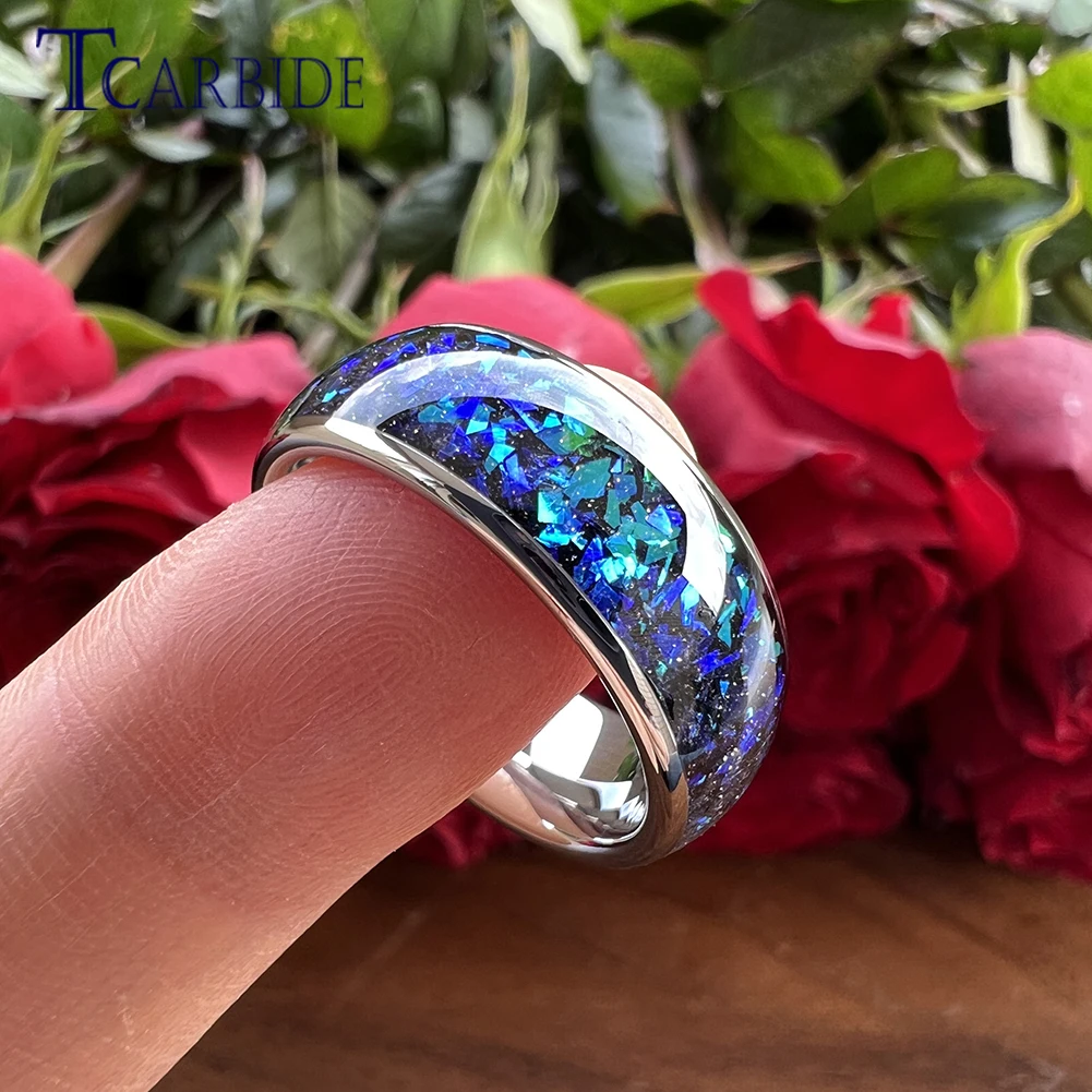 Very Beautiful Bright Opal Ring 8mm Men Women Tungsten Engagement Wedding Band Domed Polished Comfort Fit