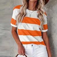 White Orange T Shirt Women New Fashion Stripe Printed Round Neck Short Sleeve Casual T Shirt Women Daily Tee Top Female Clothing