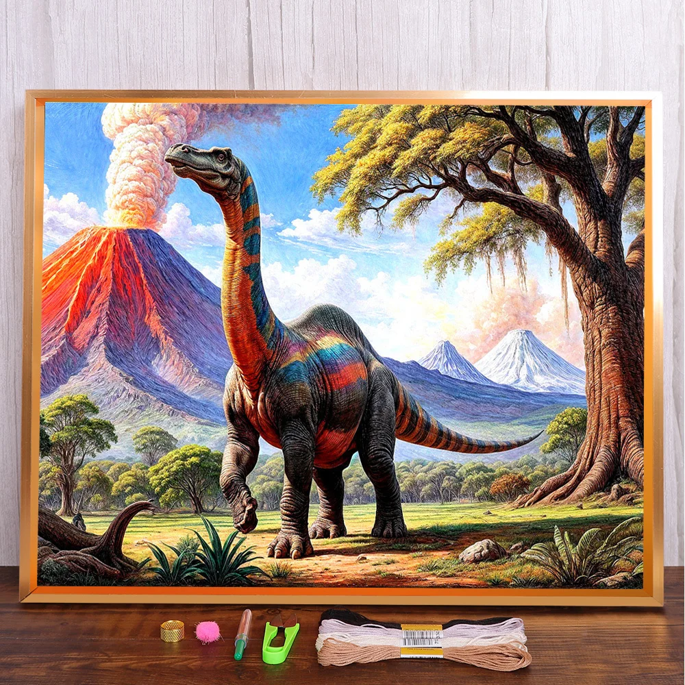 Volcano Dinosaur Printed Canvas Cross Stitch DIY Embroidery Complete Kit Sewing Painting Handiwork Hobby Design Magic Needle