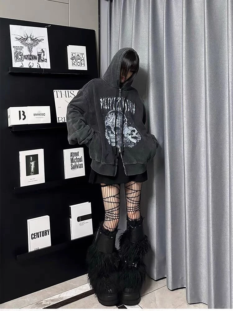 Y2K 빈티지 펑크 스타일 후드 재킷 긴 소매 여성 캐주얼 해골 프린트 디스트레스드 코트 서브컬쳐 지퍼 2025 가을