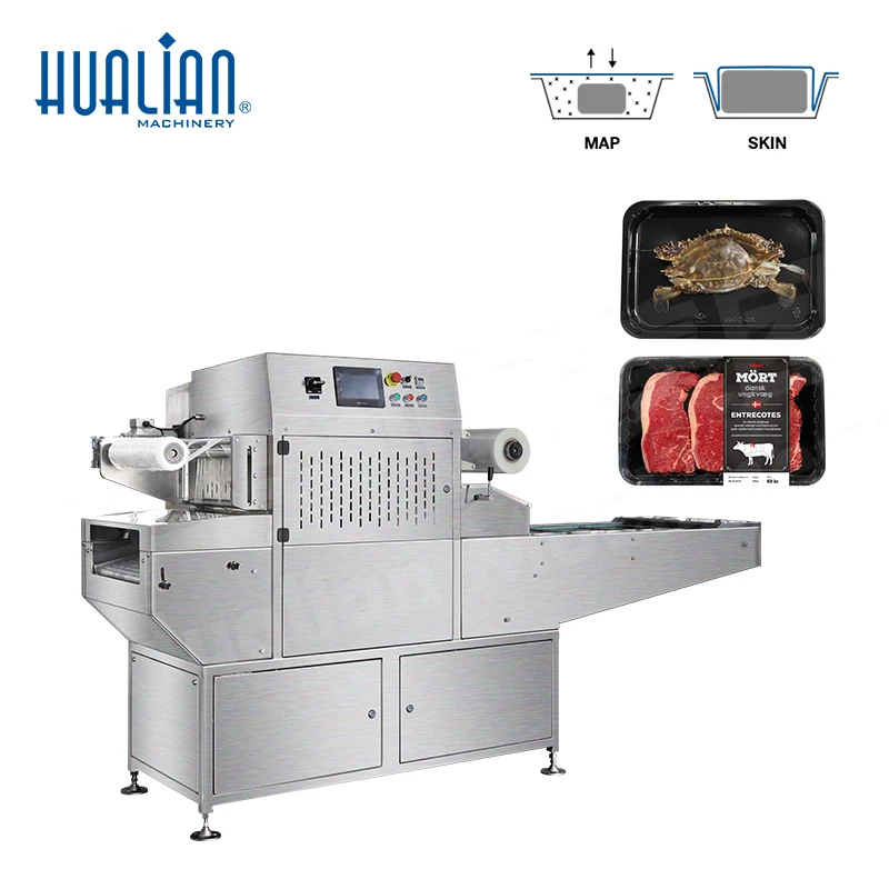 HVT-450A Hualian Automatic Seafood Meat Vegetable Plastic Box Food Continuous Vacuum Forming Tray Sealing Packaging Machine