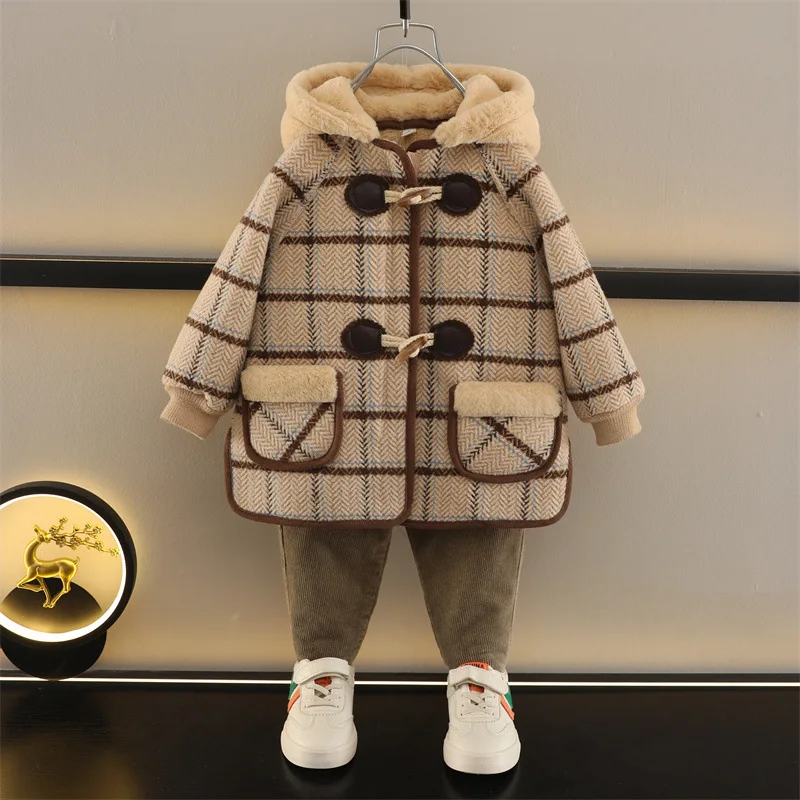 

2022 Winter Girls Boys Casual Hooded Plaid Jacket with Buttons Baby Kids Children Thick Warm Fleece Long Coat Outerwear