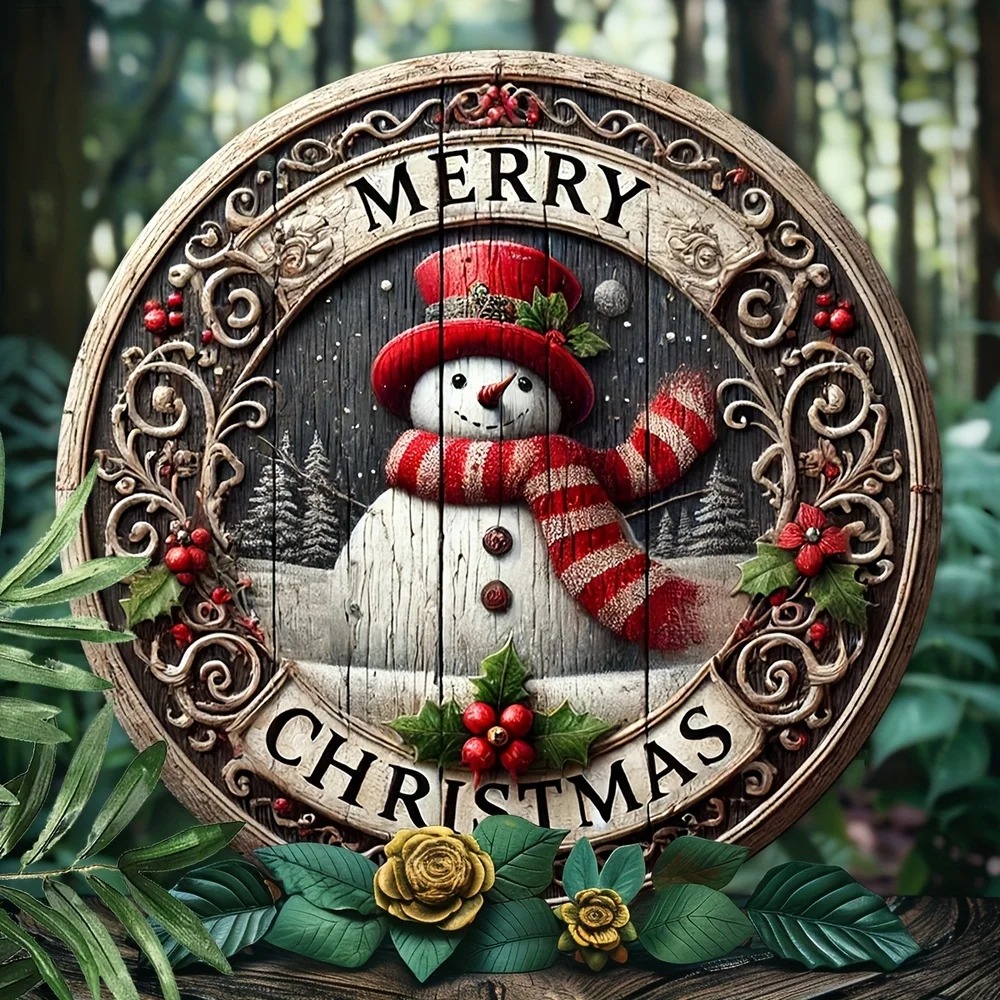 Festive Snowman & Wreath Wooden Sign - 19.99cm X 19.99cm | Perfect For Christmas Decor, Welcoming Front Door, Indoor/Outdoor