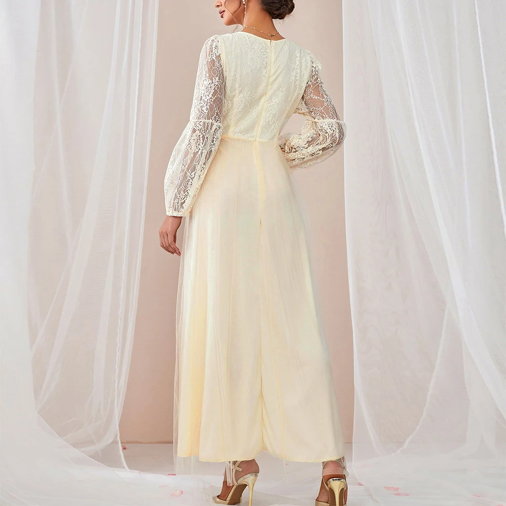 Nowość 2025 Elegancka sukienka damska z koronkowymi wstawkami i siateczką na wiosnę i lato, transgraniczna, z naturalną talią, w stylu Bliskiego Wschodu.