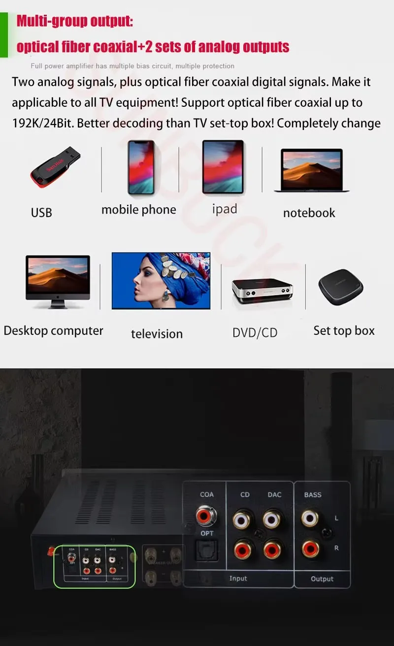 SUNBUCK A7 Full Pair Symmetrical 2.1 power 200W Fiber Coaxial USB Bluetooth Amplifier Remote Control Hifi Stereo Audio Amplifier