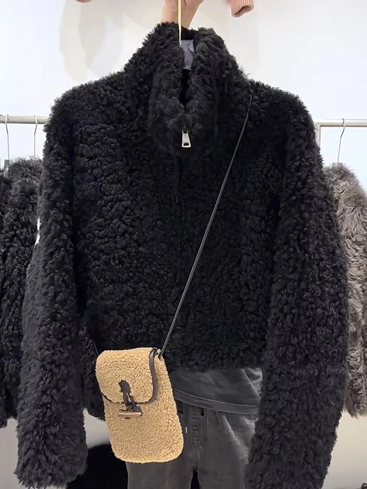 

Корейский теплый воротник-стойка с мехом ягненка, женская осенне-зимняя верхняя одежда, модный модный топ, повседневный свободный крой