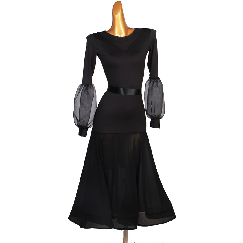 Standardowa sukienka do tańca towarzyskiego, czarna, z długim rękawem, sukienki do występów, damski strój do tańca nowoczesnego, strój do tańca dla dorosłych, odzież do walca VDL4476