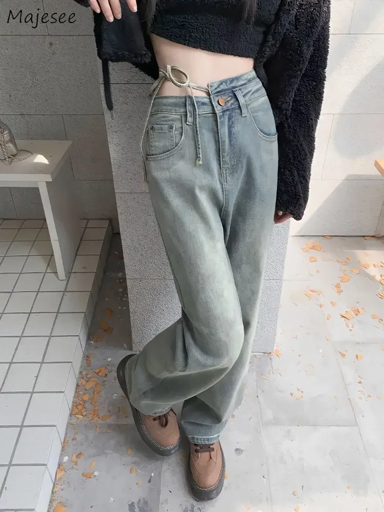 

Bandage Jeans Women Design Irregular High Waist Chic Sweet Denim Mopping Autumn Loose Streetwear Personality Popular College BF