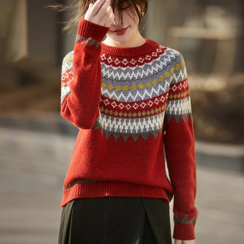 Pullover con scollo a O da donna Maglione di pura lana Twist Flower Primavera Autunno Inverno Maglieria di lana 100% Maglione jacquard Abbigliamento Top