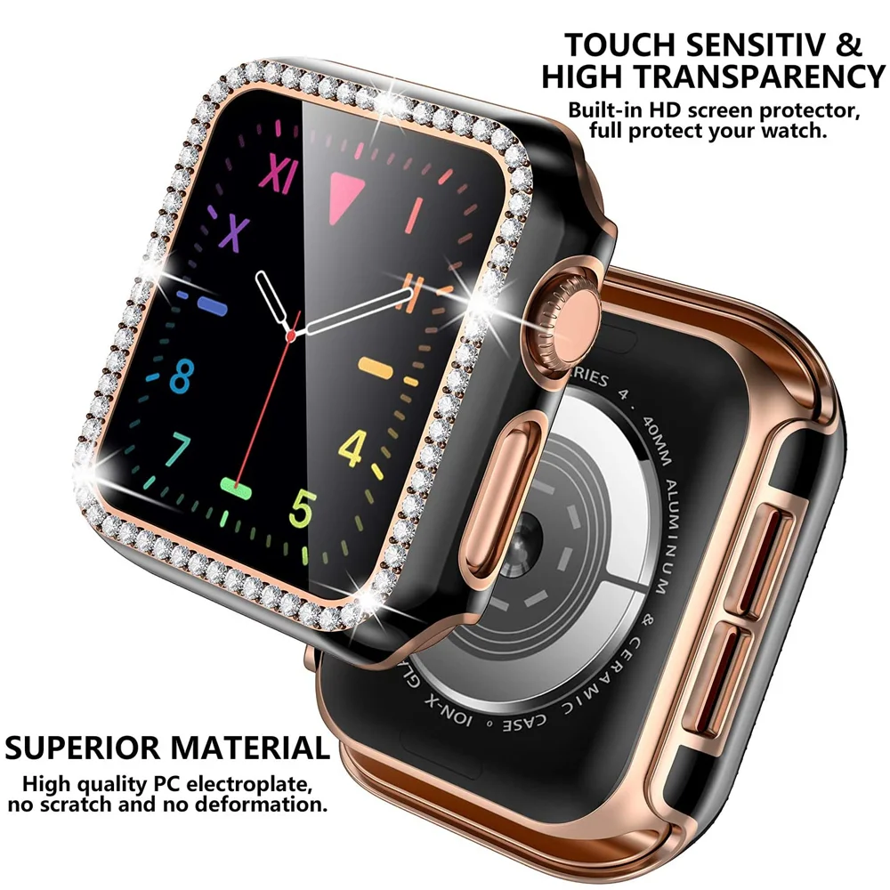 แก้ว + ฝาครอบสําหรับ Apple Watch Case 45 มม.44 มม.41 มม.40 มม.38 42 มม.Bling เพชรกันชน + ป้องกันหน้าจอ iwatch Series 9 8 7 5 6 4 SE