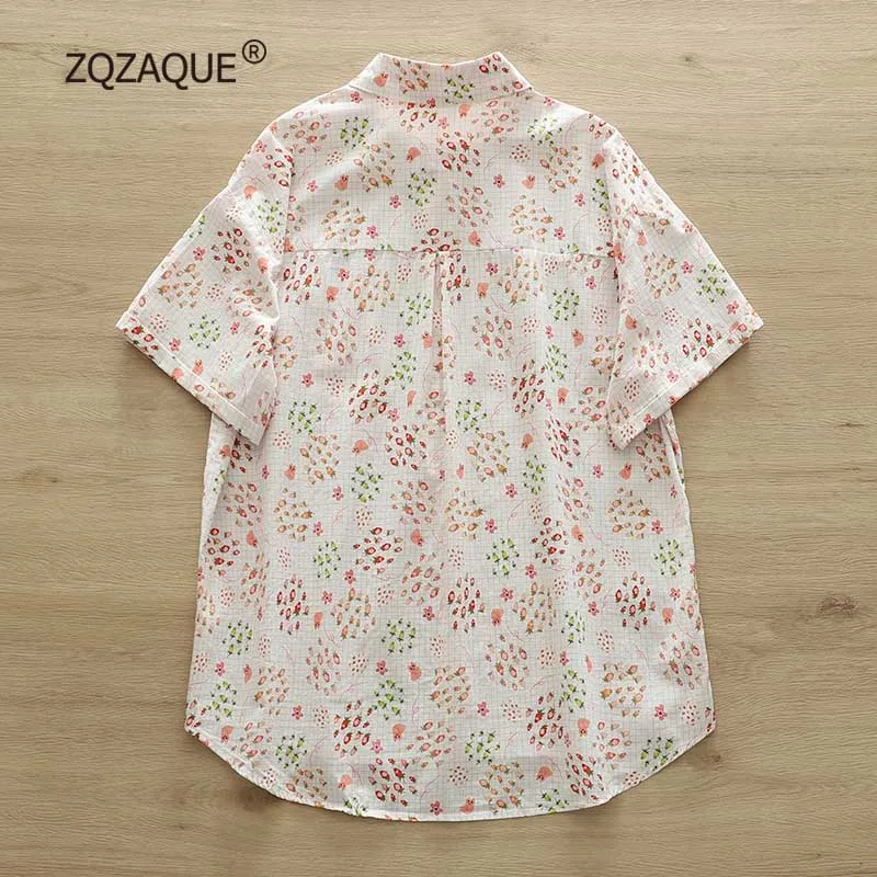 Fashion Floral Thin Cotton Shirt Women's Hong Kong style Retro Loose Casual Blouse Summer Short Sleeve Tops 17 Patterns S063