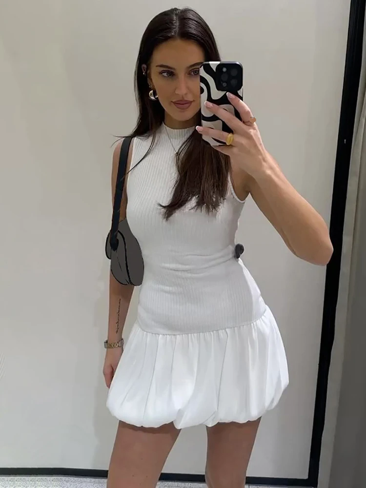 Summer Elegant Knitting Sleeveless Backless Short Bubble Ball Women\'S Dresses Elegant Evening Casual Clothing Y2K Streetwear