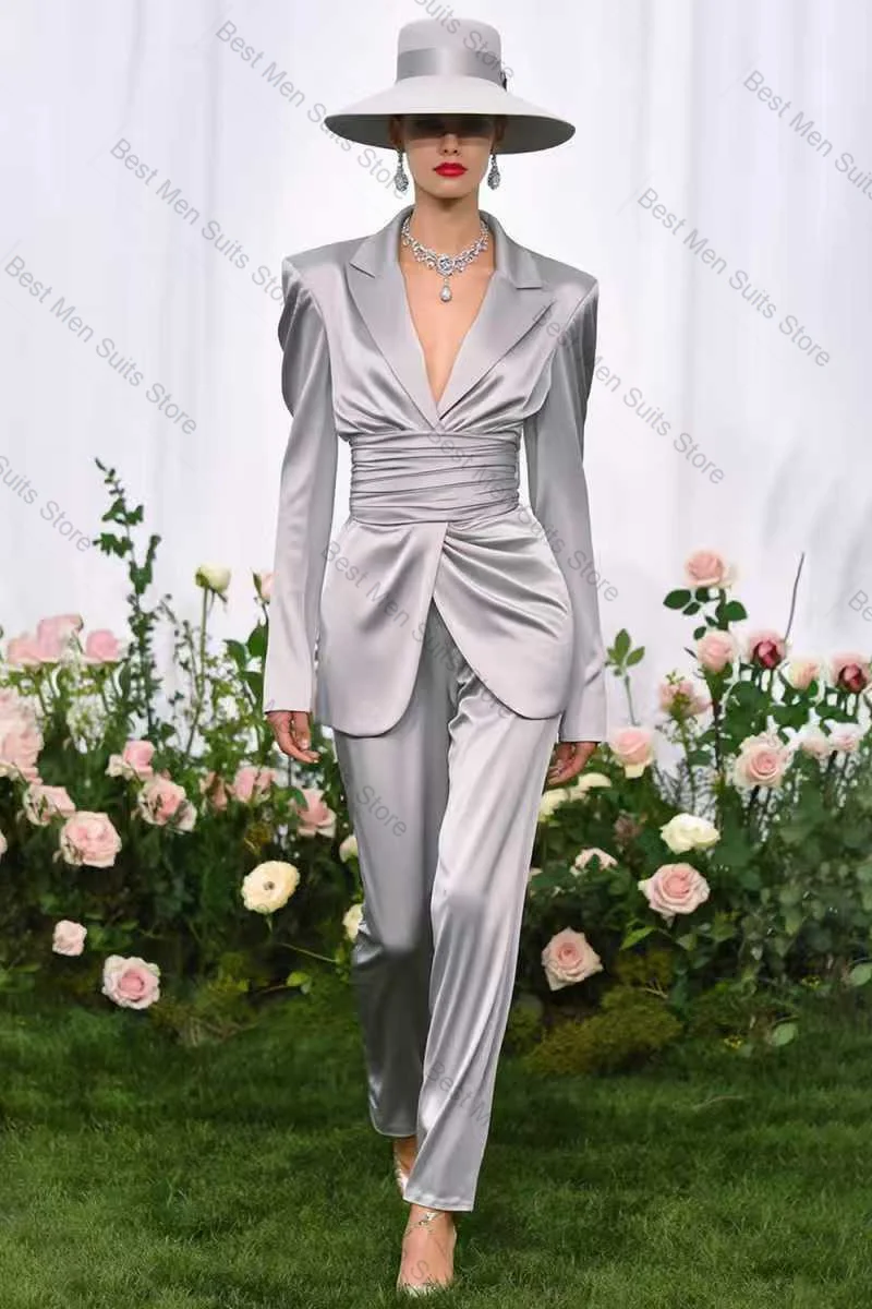 

Silver Satin Women Suit Set 2 Pcs Blazer+Pants Trousers Belted Autumn Formal Office Jacket Customized Wedding Guest Prom Coat