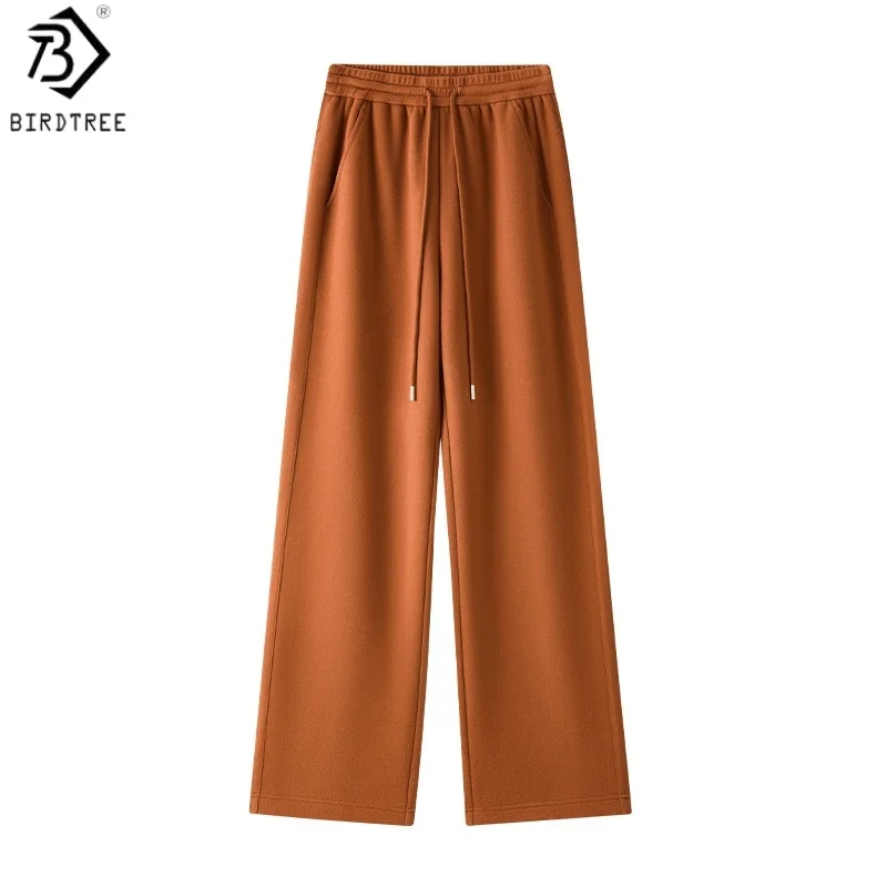 Birdtree, Silk Blended Solid Straight Pants, Women's Loose Drawstring Warmth Trousers, Elastic Waist, 2026 Autumn Pants P69630JF