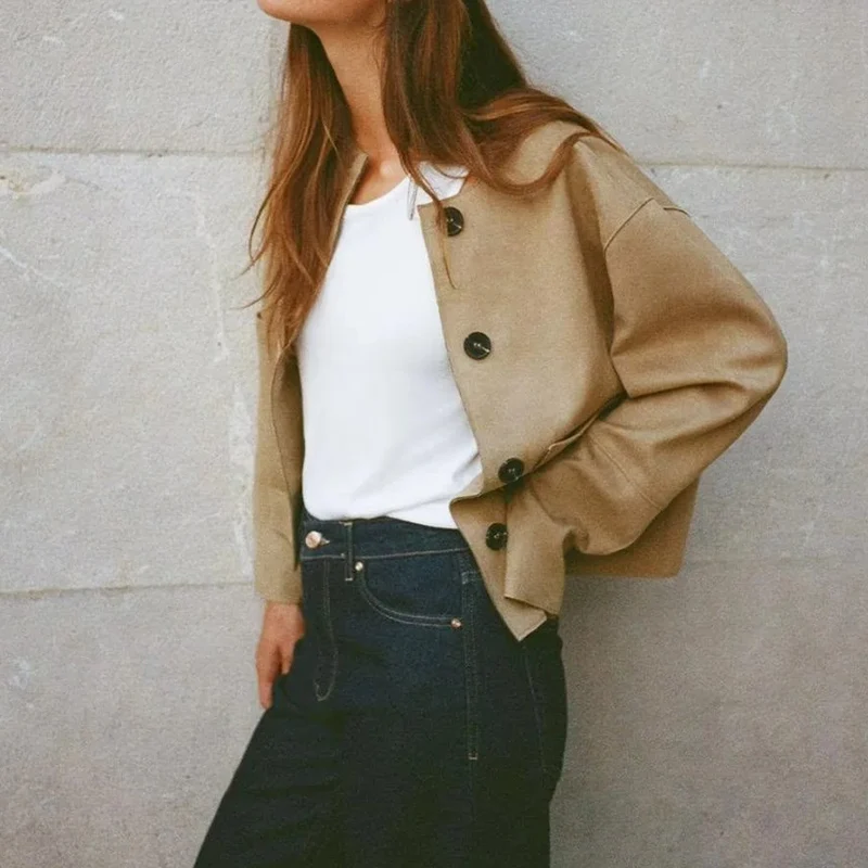 Retro Casual Faux Leather Long Sve round Ne Jaet Women's Spring 2025 Stand Fit Outerwear Soft Texture Coat