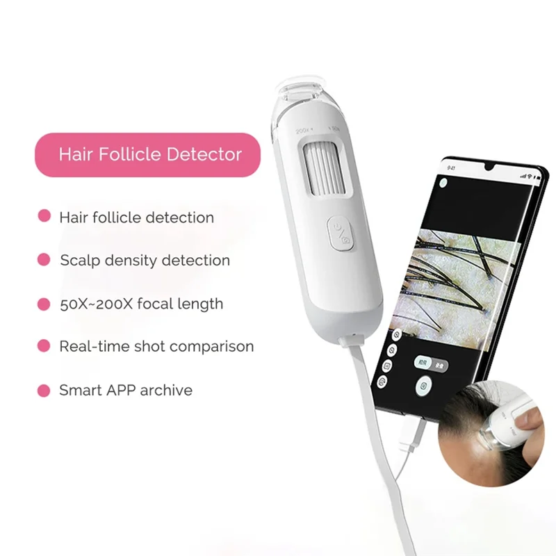 Detector emissor de eetector de pele e cabelo, 50x-200x, wi-fi, mini folículo capilar visível, analisador de couro cabeludo, lupa de poros, teste de pele