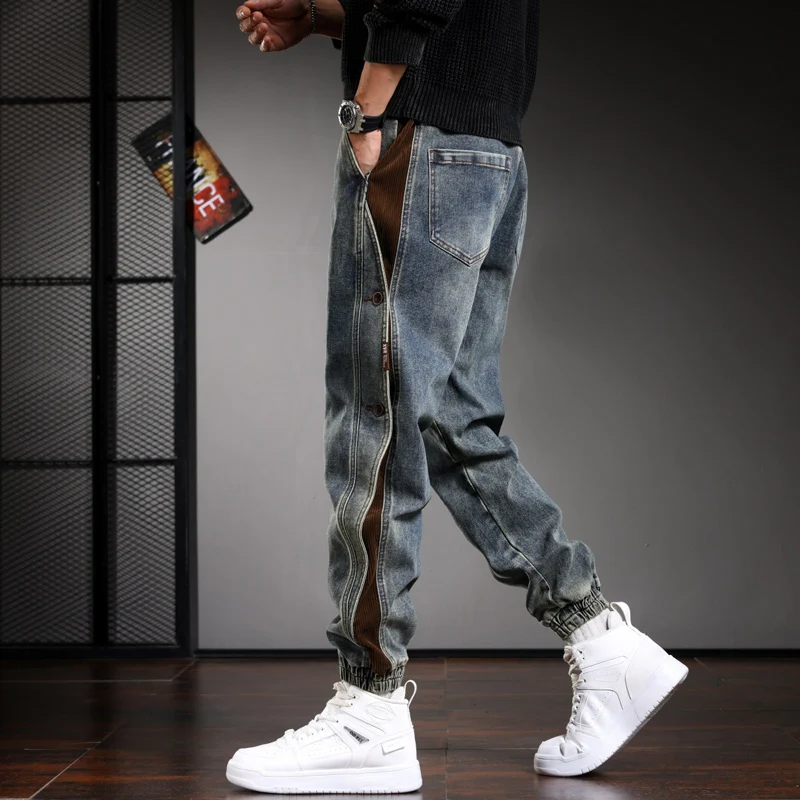

Y2K fashion new high-quality jeans with large pockets, washed with water, nostalgic stretch, slim fit, retro blue men's jeans