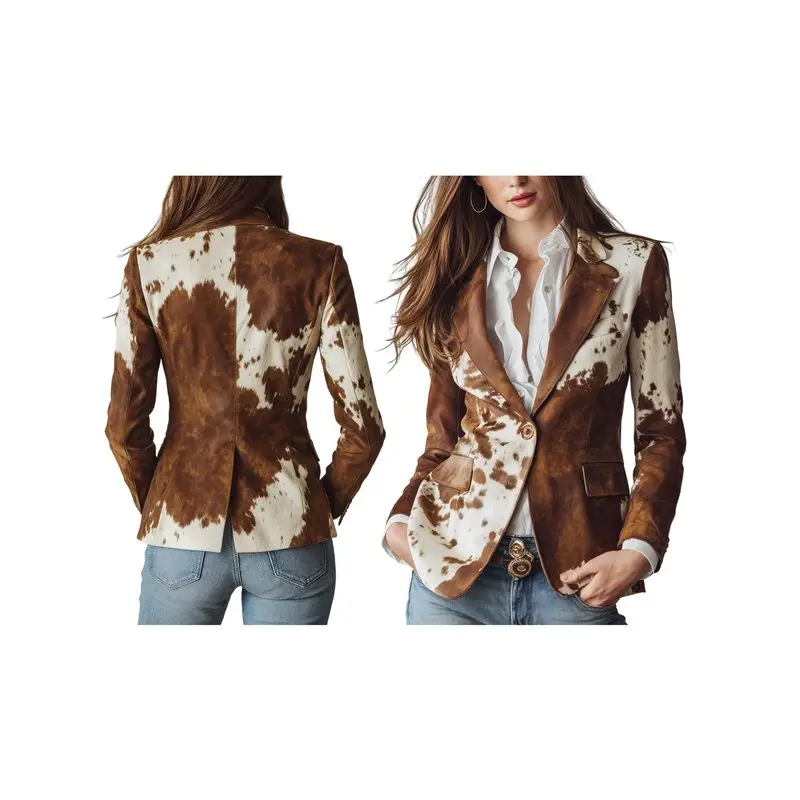 ABRT-Long-Sleeved Lapel Cow Print Cropped Jacket Button Down Blazer For Women Slim Fit Fall Outftis Brown Single Button M