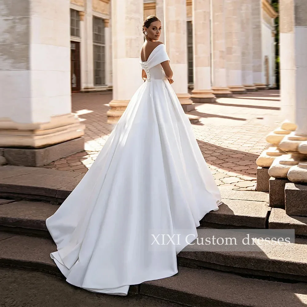 XIXI Customized Evening Dresses A-Line V-Neck Floor-Length Satin Zipper Up Short Sleeves Lining Elegant Party Dresses For Women