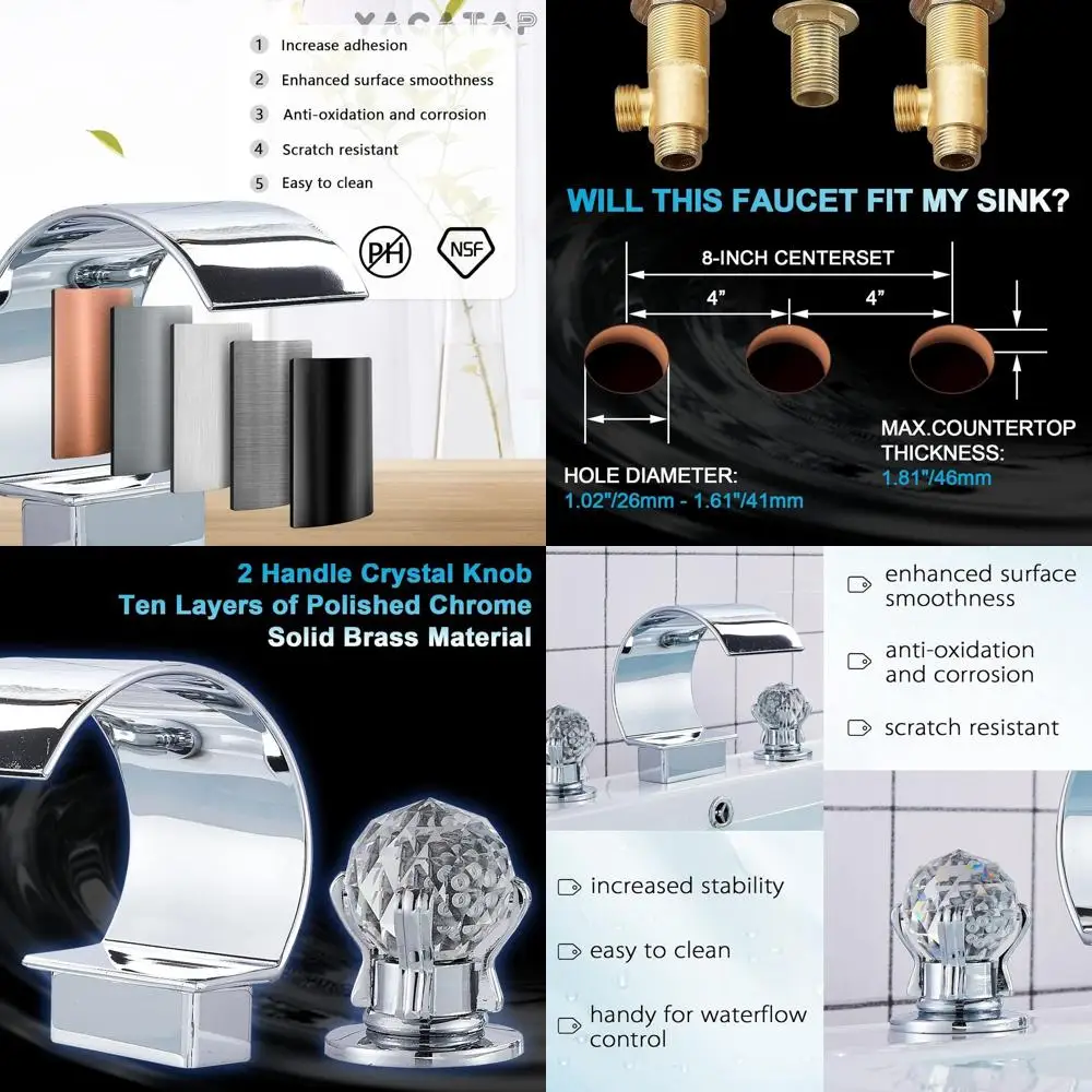 

3 Hole 2 Handle Crystal Knob High Arc Waterfall Spout 8-inch Widespread Sink Faucet and Bathtub Filler