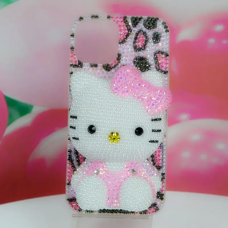 

Sanrio Rhinestone Phone Case, Jelly Diamond, Leopard Print, Sitting Hello Kitty, Original Homemade, iPhone 11, 12, 13, 14, 15 Pr