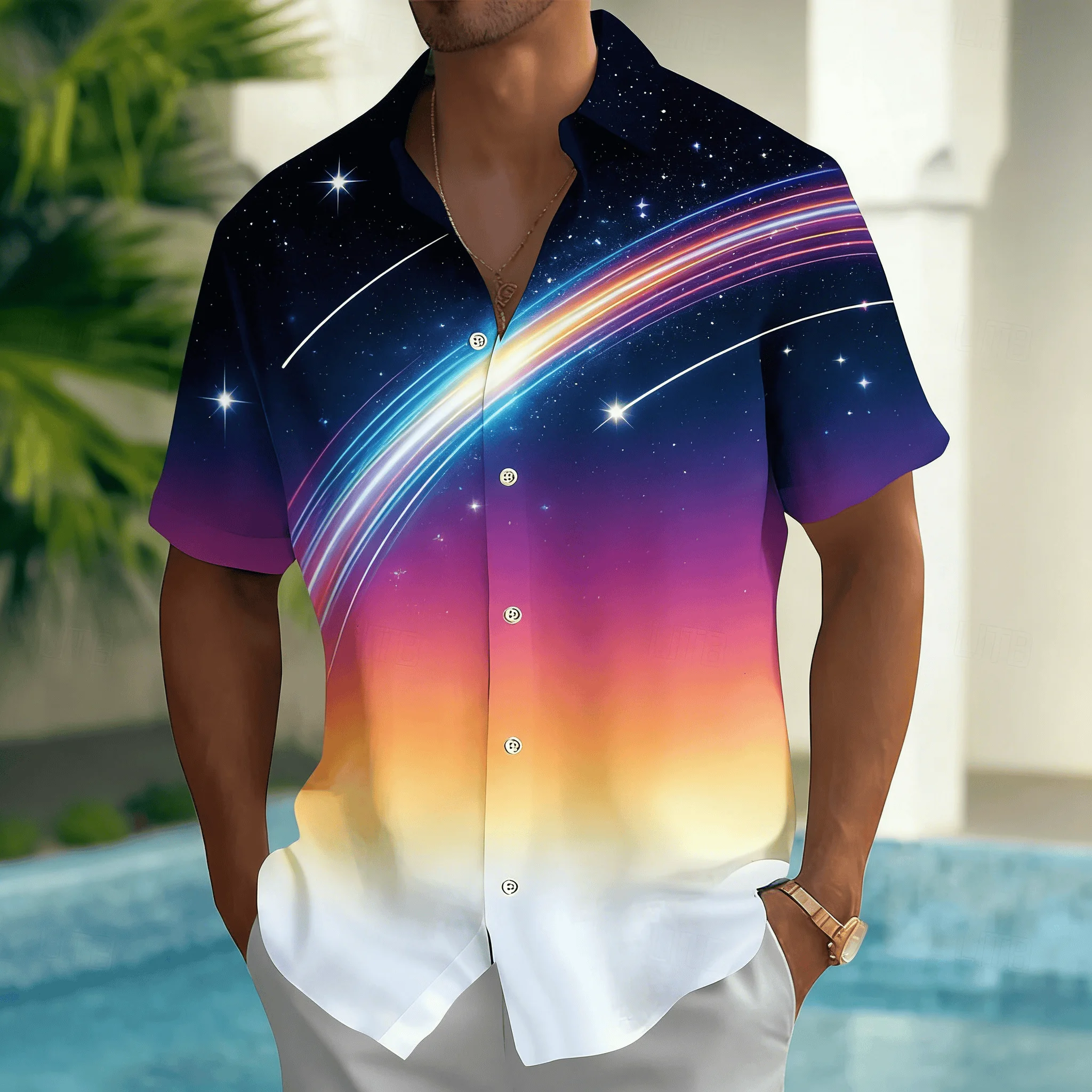 Hot Selling Men's Printed Short Sleeved Shirt, Artistic Red Blue Orange Gradient Summer Casual Wear