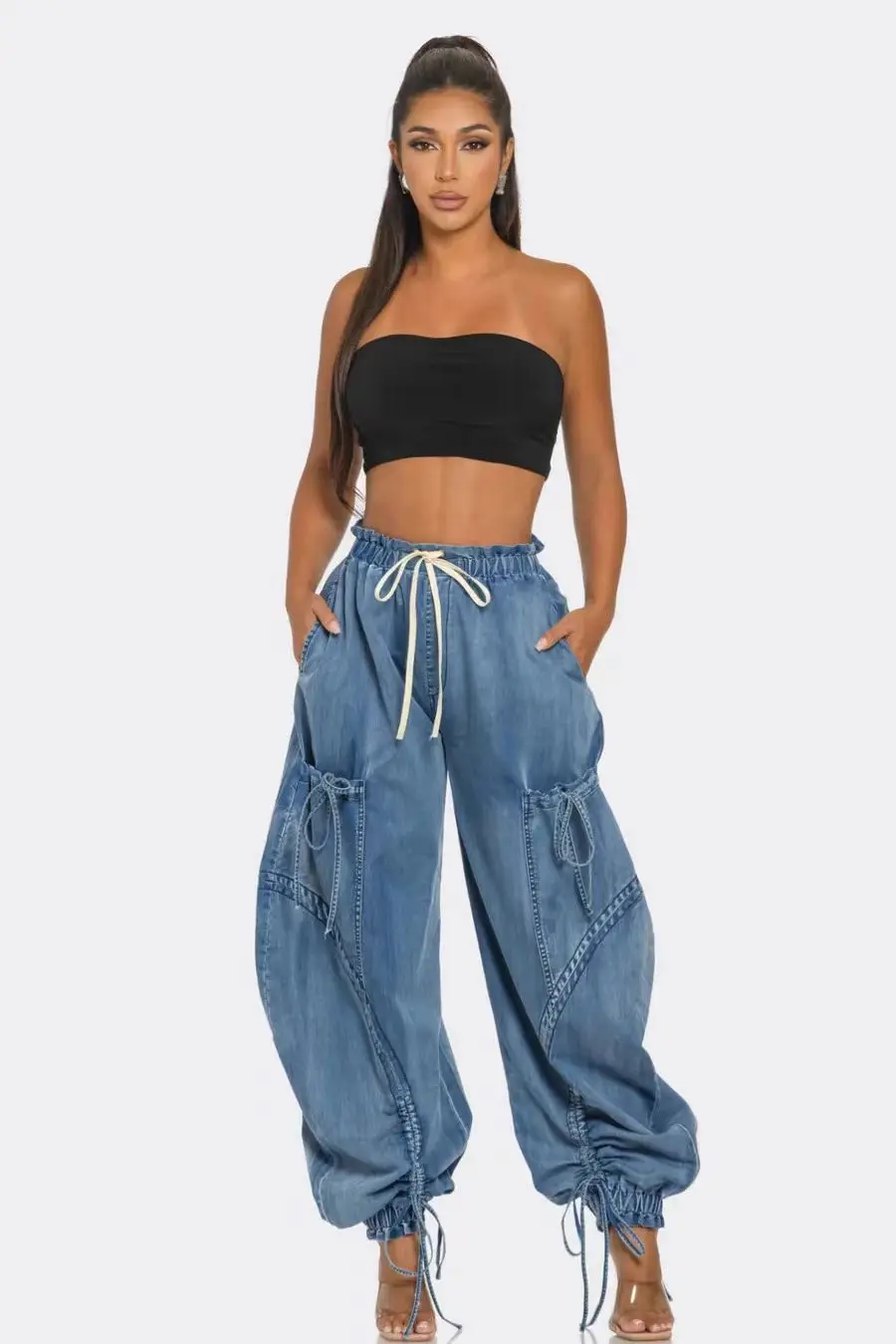 Lace Up Wide Leg Jeans Cargo Pants Sexy Women High Waist Elegant Streetwear Denim Loose Trousers