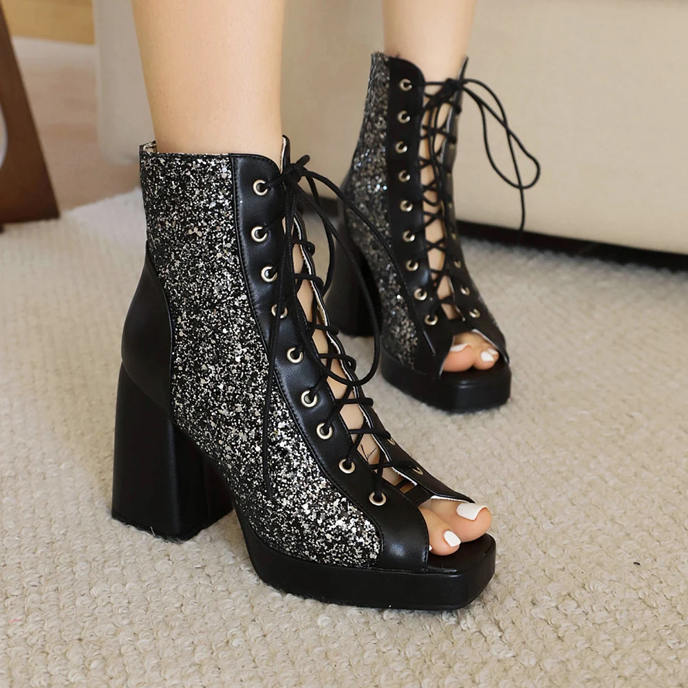 

Женские ботильоны на шнуровке, сандалии с открытым носком, Botas Mujer, ботильоны-гладиаторы на высоком каблуке, модные туфли из блестящей сетчатой ткани на массивном каблуке